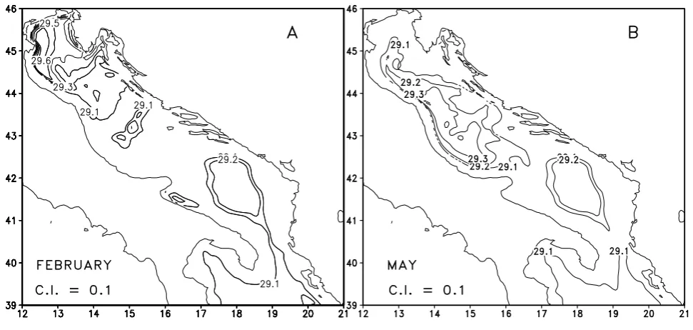 Fig. 11. Adriatic Intermediate Model (AIM). Bottom σθ distribution. (A): February, (B): May