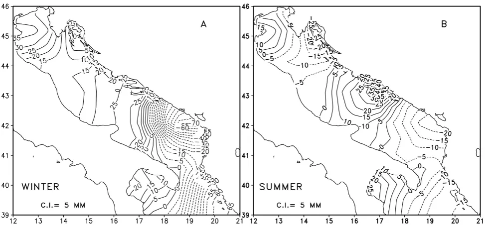 Fig. 4. Seasonal climatological (E-P) interpolated in the AIM grid. (A): winter, (B): summer