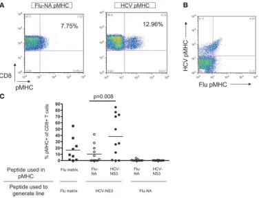 Figure 2Conventional pMHC staining for HCV-NS3 responses and Flu-NA responses in lines derived from HCV+ donors