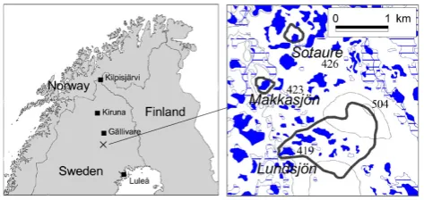 Fig. 1.Map showing the study area and the three study lakesMakkassj¨on, Lundsj¨on and Sotaure