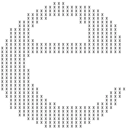 Figure 3. A binary image of the letter “e” is made up of ON and OFF pixels, where the ON pixels are shown here as “X”s.