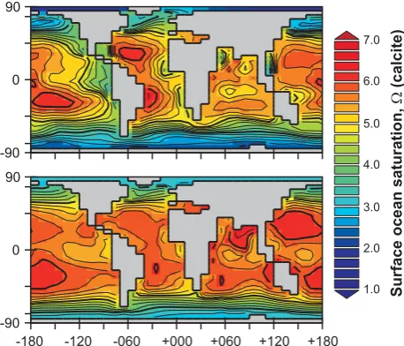 Fig. 2.Surface ocean saturation state.GENIE-1 model 36the uppermost 75 m. We use the same carbonate chemistry schemeas used in GENIE-1 (Ridgwell et al., 2007) in this calculation