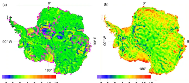 Figure 6. (a) Differences between estimations of crustal thickness: results using BEDMAP minus results using BEDMAP 2