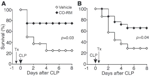 Figure 7CO-RM rescues mice from the mortality of CLP-induced polymicro-bial sepsis. (A) Treatment (Tx) with CO-RM (10 μM/kg, n = 8) or an equal volume of vehicle (12.5% DMSO in PBS, n = 8) was adminis-tered intraperitoneally to HO-1–/– mice 12 hours and 2 