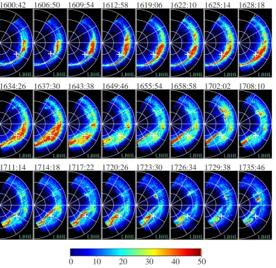 Fig. 4. A sequence of Polar UVI images recorded on 16 December 1998 between 16:00:42 and 17:35:46 UT