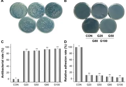 Figure 7 evaluation of antibacterial property on specimen’s surface of Ti-gO-ag nanocomposite.Notes: (A) Typical images of re-cultivated Staphylococcus aureus colonies from the specimens after 24 hours incubation