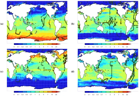 Fig. 1. Modeled seasonal mean DMS sea surface concentration. (a) Mean for December, January, February; (b) Mean for March, April,May; (c) Mean for June, July, August; (d) Mean for September, November, December