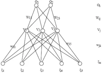 Figure 1. A two-layer perceptron showing the notation for units and weights.