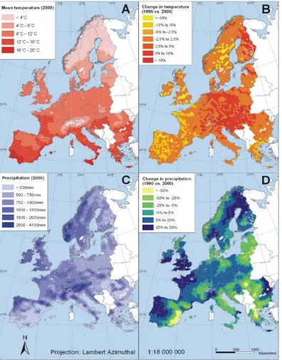 Fig. 3. Regional distribution of mean annual air temperature (A) and sum of annual precipitation (C) in the year 2000 across Europe.Panels (B) and (D) show the relative change in temperature or precipitation between the years 2000 and 1990