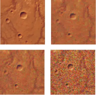 Figure 2.2. Original image without noise (up left), multifractal denoising using wavelet Daubechies 2 (up right), multifractal denoising using wavelet Daubechies 18 (low left), noisy image (low right); all parameters except wavelets are constant.