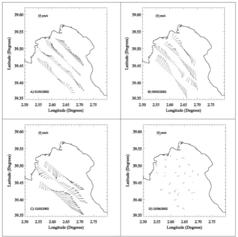 Fig. 3. Current velocity distribution during EUBAL-I at 14 m for(A) 1 March 2002, (B) 9 March 2002 and (C) 12 March 2002; andEUBAL-II at 10 m (D) for 25 June 2002.