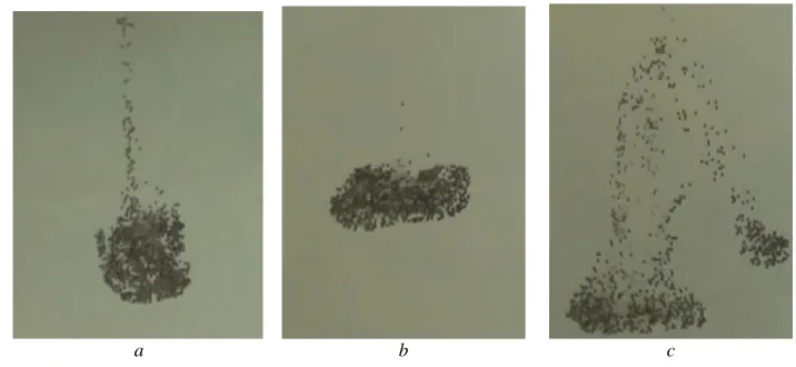 Figure 3. The stages of the process of gravitational sedimentation of solid spherical particles (�d = 0.2 mm;l = 1.17 Pa· s; Ds = 1.12 ni; NV 0 = 0.054): a – spheroid formation; b – spheroid motion; c – spheroid breakup.