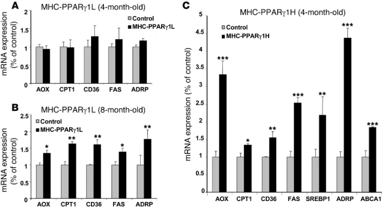 Figure 2Expression of PPAR4-month-old PPARmice. Data are shown as mean ratio (±SD; γ target genes in the hearts of MHC-PPARγ1 mice