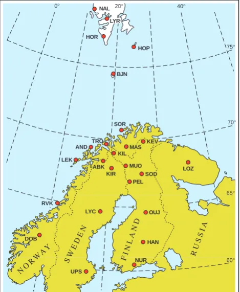 Fig. 1. IMAGE magnetometer stations in 2000. Geographic lati-tudes and longitudes are shown in the ﬁgure