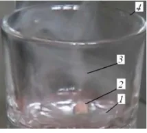 Figure 4. The videogram frame of experiment under the condition of kerosene ignition by the single steel particle(hp = 3 mm, lp = 3 mm, Tp = 1000 K): 1 – combustible liquid, 2 – deep metallic particle, 3 – liquid matter vapors,4 – glass vessel.