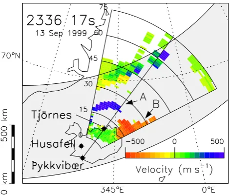 Fig. 1. A map indicating the location of the Iceland East Super-DARN radar at Þykkvibær and the Husafell and Tjörnes all-skycamera sites employed in the present study