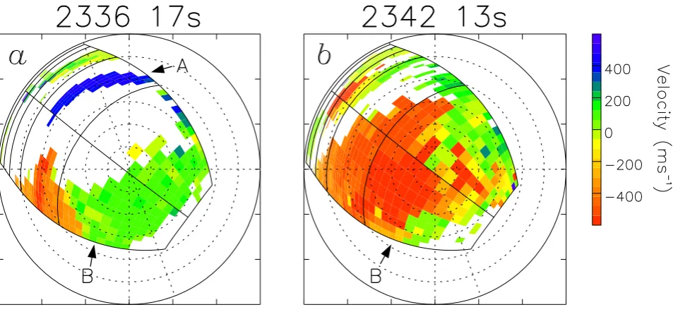Fig. 3. Line-of-sight Doppler velocity measured in scans starting 2336.17 and 2342.13 UT, projected onto the Tjörnes ASC ﬁeld-of-view,assuming an emission altitude of 110 km