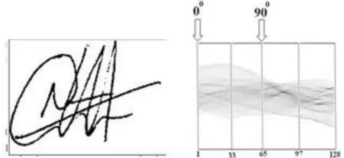Fig. 2. A signature and its DRT. The DRT is displayed as a gray-scale image. This image has Nθ=128 columns, where each  column represents a projection  