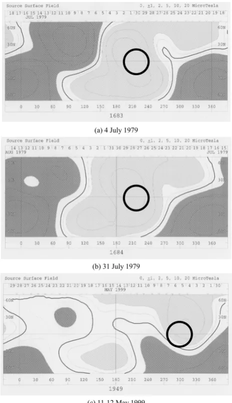 Fig. 8. Synoptic maps of source surface ﬁeld made by the WilcoxObservatory.Circles show the probable source regions of threelong-duration low-density solar wind events shown in Fig