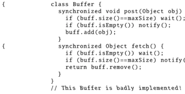 Figure 3.8: Classes, with attributes and initialization left out for brevity, im- im-plementing producer-consumer communication via a bounded buffer based on java.util.ArrayList