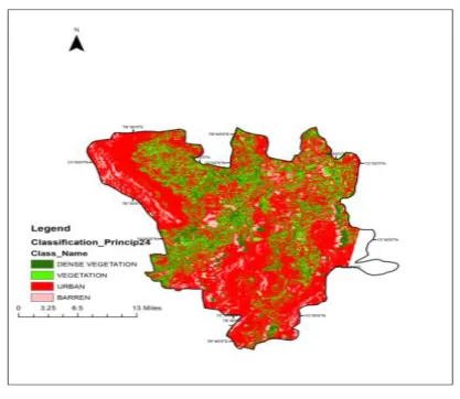 Fig.2. Satellite image classification with PCA  The classified image contains four classes i.e., dense 