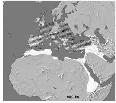Fig. 2.3. The breeding range (hatched areas) and wintering range (light areas) of the European stonechat
