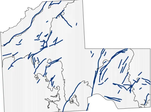 Figure 2.4 : A number of geological faults in the same study area as in  Fig-ure 2.2. Faults are  indi-cated in blue; the study area, with the main  geo-logical era’s is set in grey in the background only as a reference.