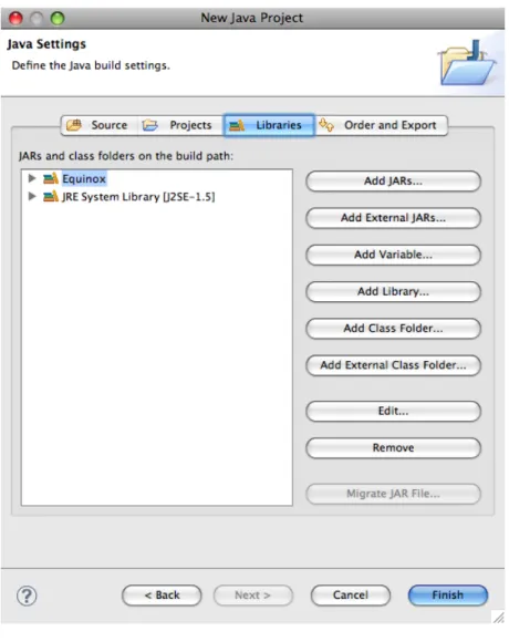 Figure 2.2.: Creating a new Java project in Eclipse: adding the Equinox library