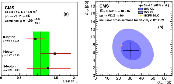Figure 6: (a) Best-ﬁt values of the ratios of the VZ production cross sections, relative to SM pre-dictions for individual channels, and for all channels combined (hatched band)