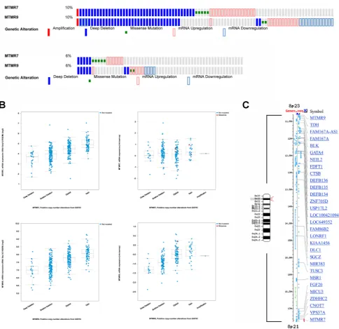 Figure 2: Genomic alterations in human CRC. MTMR7sets for CRC patients. Top panel: colorectal carcinoma TCGA_Provisional (n=631 cases); Bottom panel: colorectal carcinoma TCGA_Nature 2012 (n=195 cases)