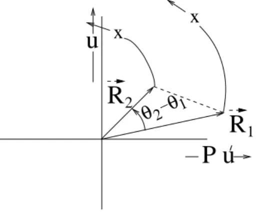Figure 1.8: The area spanned by the vectors ~ R 1 and ~ R 2 , whose position is parametrized by x, remains constant throughout its x-parametrized motion.