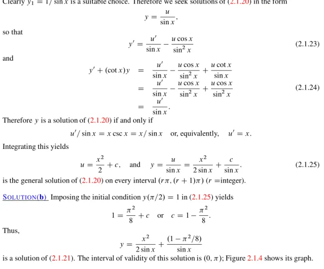 Figure 2.1.4 Solution of y 0 C .cot x/y D x csc x; y.=2/ D 1