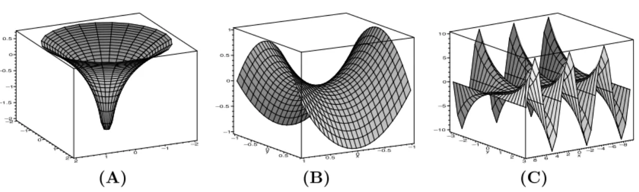 Figure 1C.1: Three harmonic functions: (A) h(x, y) = log(x 2 + y 2 ). (B) h(x, y) = x 2 − y 2 