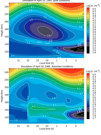 Fig. 7. Contour plots of the electron densitiesobtained in the simulations for April 20,1985