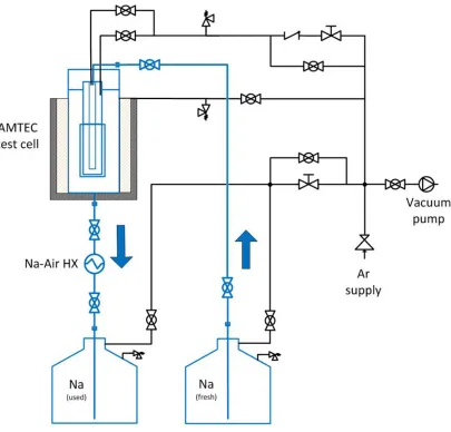 Figure 2. Schematic diagram of the ATEFA facility at KIT (blue arrows denote Na ﬂow, black lines – Ar side).