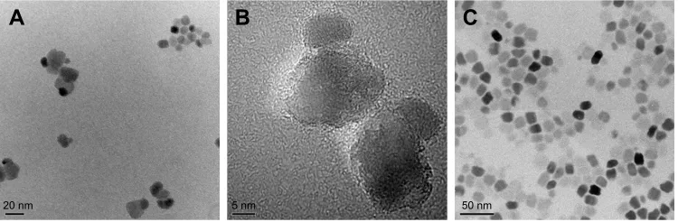 Figure 1 Images of Fe3O4-TiO2 NPs and TiO2 NPs captured by TeM and hrTeM.Notes: (A) TeM of Fe3O4-TiO2 NPs; (B) hrTeM of Fe3O4-TiO2 NPs; (C) TeM of TiO2 NPs.Abbreviations: hrTeM, high-resolution TeM; NPs, nanoparticles; TeM, transmission electron microscopy.