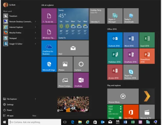 FIGURE 1-3   The Windows 10 Start menu blends elements of its Windows 7 predecessor with the live tiles that  debuted in Windows 8.