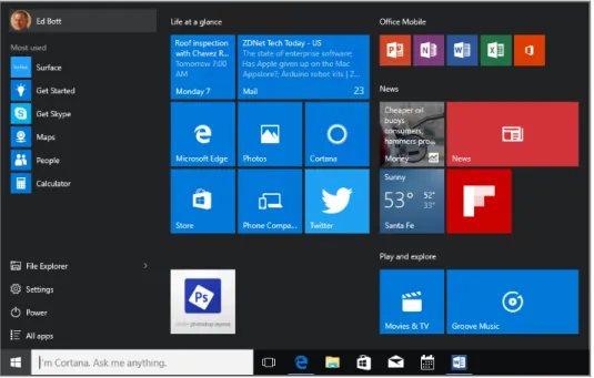 FIGURE 2-1   The new Start menu combines distinctive features from its predecessors in Windows 7 and   Windows 8.1.