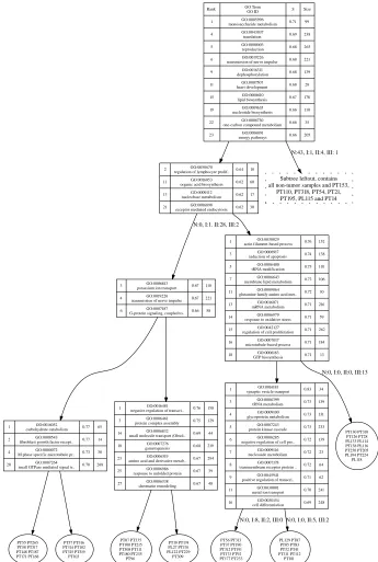 Figure 3.2: An unsupervised decision tree of the Lapointe prostate cancer dataset com-puted using the weighted Silhouette scoring method