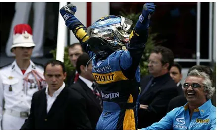 Figure 10.3: Renault's Jarno Trulli celebrating his win at the 2004 Monaco Grand Prix