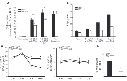 Figure IBPtrap/trap T cells are resistant to apoptosis. (A) Proliferation of T cells from WT and IBP mutant mice