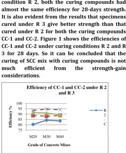 Figure 1. Efficiency of CC-1 and CC-2 under curing conditions R2 and R3 for different mixes at 28 days 