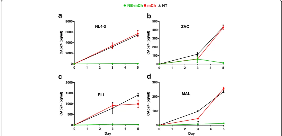 Fig. 4 NB-mCh inhibits Tat-mediated transactivation after infectionof TZM-bl by different HIV-1 subtypes
