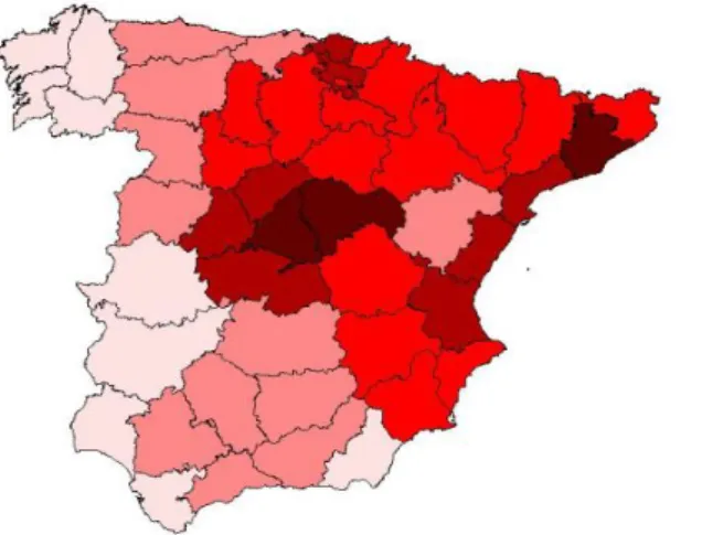 Figure 1 presents the map of market potential for the Spanish provinces for 2006. The  map shows a wide degree of variation between provinces, with higher market potential  for those provinces located along the Mediterranean coast, the Basque Country in th