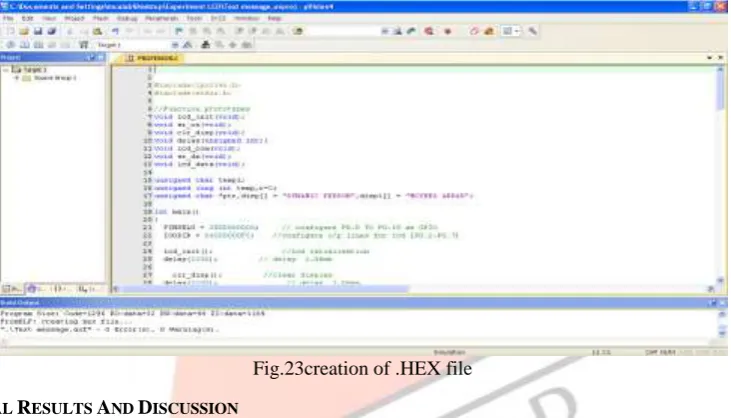 Fig.22selecting rebuild option for building source file. This created the .HEX file as 0 Error(s), 0 Warning(s) and this was displayed in the Build output window