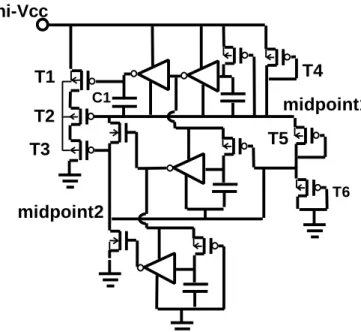 Figure 8.  3-stack PMOS clamp for up to three  times nominal Vcc, with chained inverters and NMOS devices to enhance gate drive of T1, T2 and T3 .