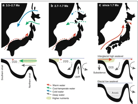 Fig. 7 Schematic maps showing paleogeographic changes in the Japan Sea during three stages (water, anda, b, c)