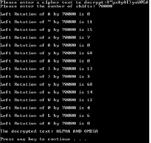 Fig. 5.C++ Console screen showing a plaintext after cipher text was provided as input