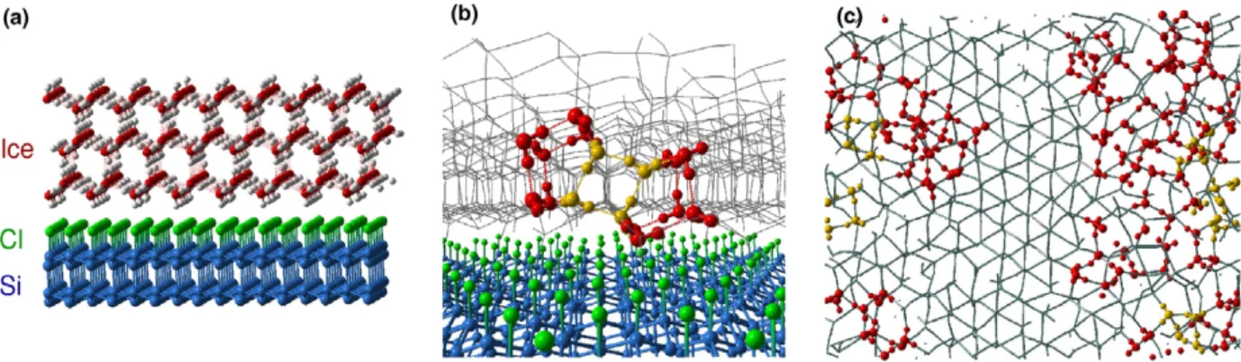 Fig. 1. Structures of interfacial ice on the chlorine terminated Si(1 1 1) substrate: (a) side view of the idealized I c structure of a three bilayer (3BL) thick interfacial ice; (b) perspective view of a topological defect (a four-membered ring embedded i