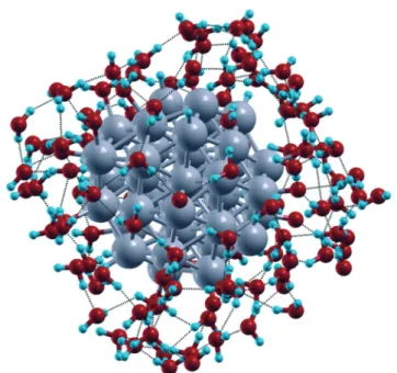 Fig. 5 Snapshot from AIMD simulations with the Pt 38 (O) 6 (H) 6 cluster used as initial structure with its first solvation shell of water molecules.